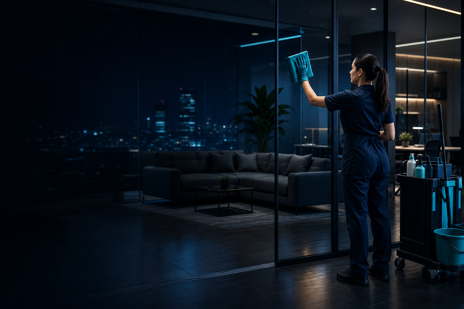 Agent de nettoyage professionnel dans un bureau premium sombre