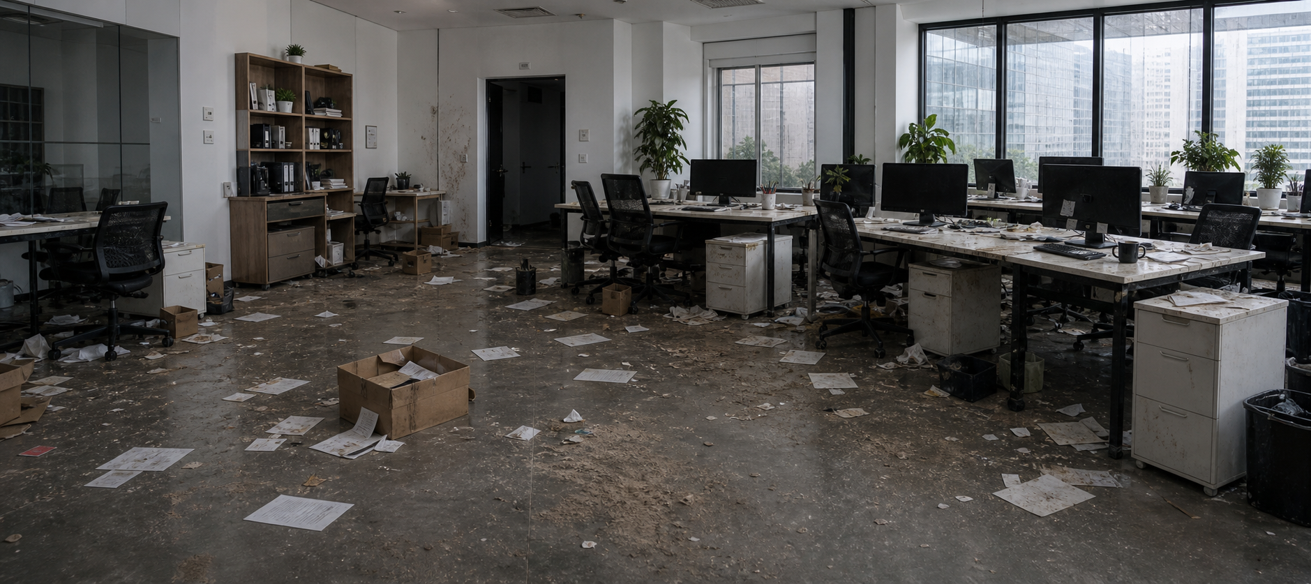 Bureau en désordre avant intervention de nettoyage